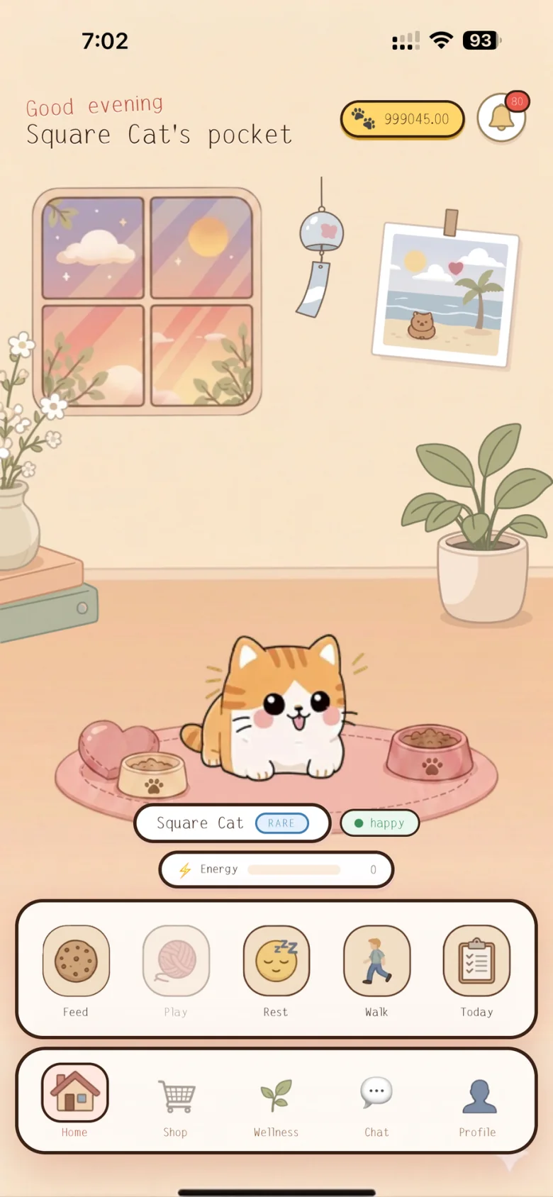 iPets: Square Cat, a hand-drawn orange cat on a rug in an illustrated room