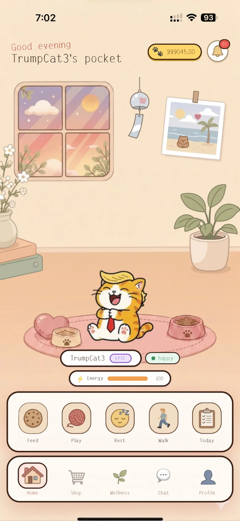 iPets: TrumpCat3, an orange cat with a blond quiff and red tie laughing on the rug