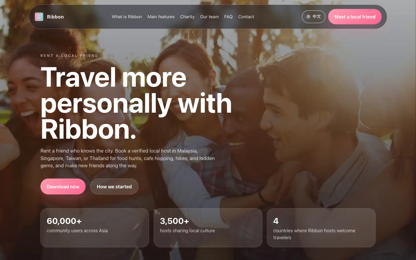Ribbon website on desktop: a photo of friends laughing behind the headline Travel more personally with Ribbon.
